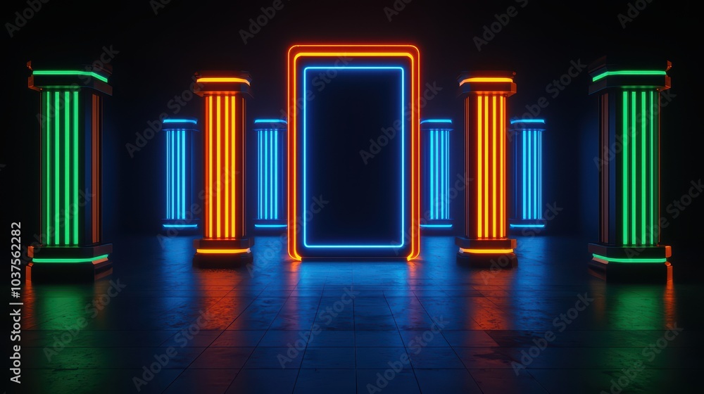 Poster futuristic scene with neon-lit columns and a glowing frame on a dark background.