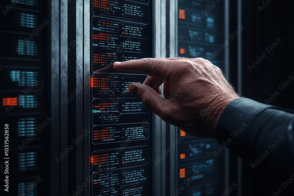 Poster hand interacting with a data server, showcasing modern technology in a server room, white isolate ba