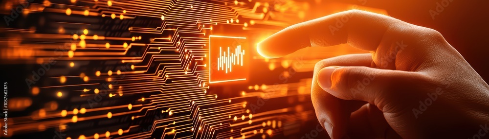 Poster hand interacting with a digital circuit board, showcasing innovation and technology on an abstract b