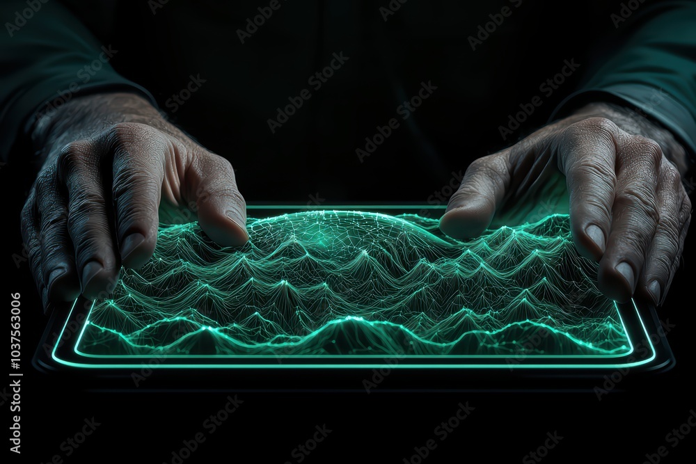 Poster hands manipulating a holographic wave visualization on a digital screen, showcasing advanced technol