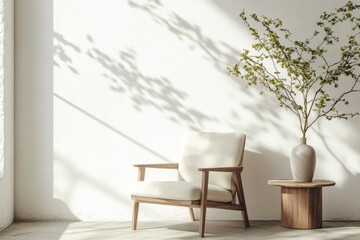 A white chair is sitting in front of a white wall