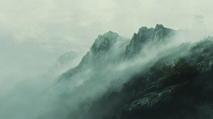 Obraz premium A hill shrouded in mist, creating a mysterious and enchanting atmosphere.