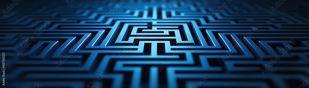 Poster intricate blue maze pattern with depth and shadows, abstract design on a dark background.