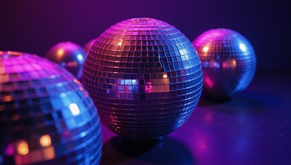 Obraz premium A lively disco scene featuring disco balls under vibrant purple and blue lighting at night