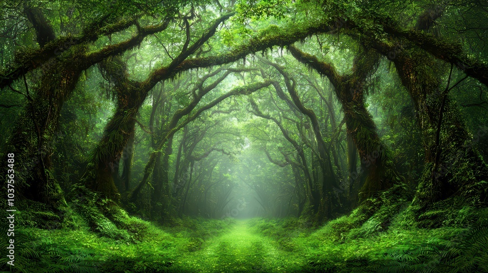 Poster lush green forest with towering trees and soft light filtering through the leaves.