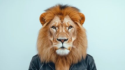 Fototapeta premium Lion with a stylish leather jacket against a plain background.