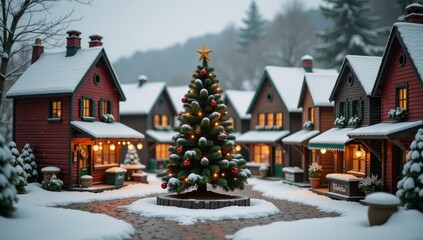 A vintage-style Christmas card showcases a winter landscape featuring a cozy snowy Christmas village