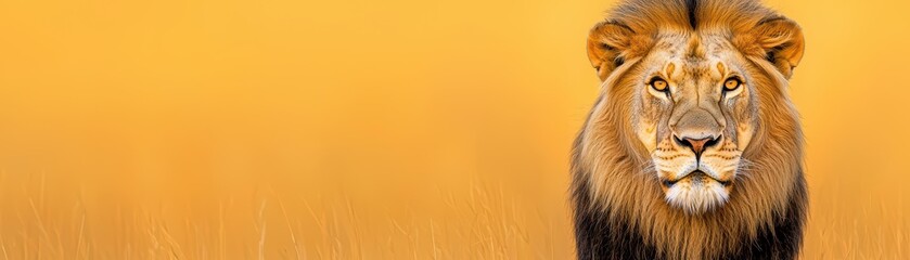 Fototapeta premium Majestic lion portrait, vibrant orange background, showcasing strength and beauty in the wild.