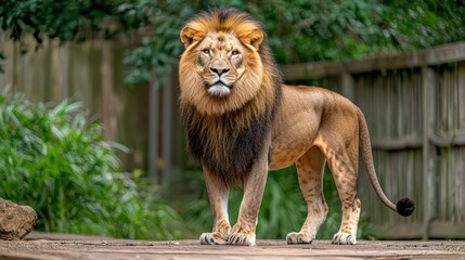Fototapeta premium Majestic lion standing proudly in its natural habitat with vibrant greenery in the background.