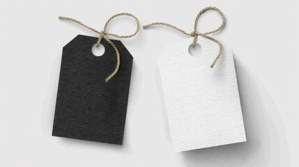 These meticulously designed tags feature a white and a black tag with rustic strings, ideal for branding, labels, and price tags on a transparent background.
