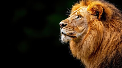 Fototapeta premium Majestic lion profile showcasing its vibrant mane and fierce expression against a dark background.