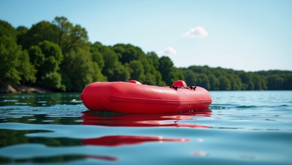 Red inflatable raft on water surface