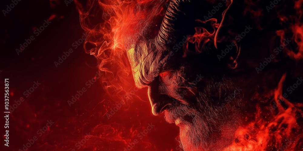 Poster a man with a demonic appearance is surrounded by fire. the image has a dark and ominous mood, with t