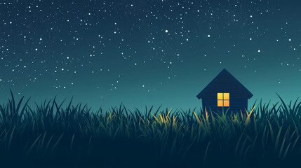 A peaceful, minimalist scene of a small house nestled in the grass, under a vast night sky filled with stars. Generative AI