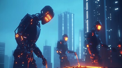 Three futuristic robots stand in front of a futuristic city at night, with one robot holding a glowing orange weapon.