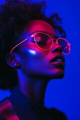 Obraz premium A woman with a red and blue headshot wearing glasses. The photo is in a neon color scheme