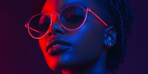 A woman with glasses is wearing a red and blue outfit. The image has a vibrant and bold mood, with the woman's outfit and the lighting creating a striking contrast