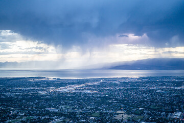 Rainy Blue Gloom Over City Overlook Raining Over Utah County