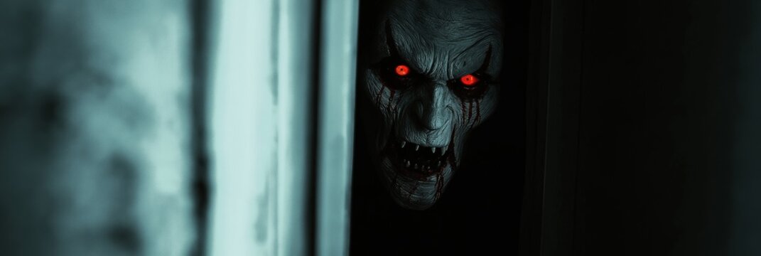 A scary monster with red eyes and a mouth full of teeth. The monster is in a dark room with a window