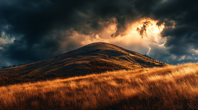 A hill during a thunderstorm, with dark clouds rolling in, creating a dramatic atmosphere.