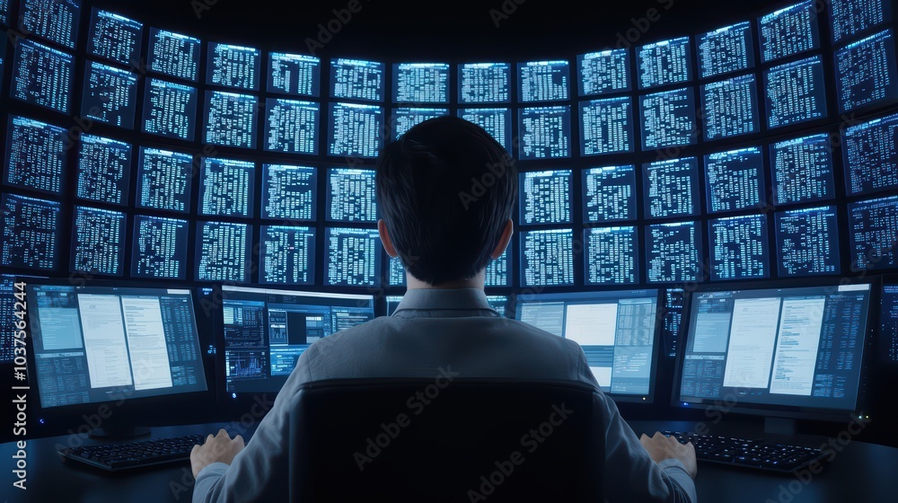 Poster person analyzing data on multiple screens in a high-tech environment.