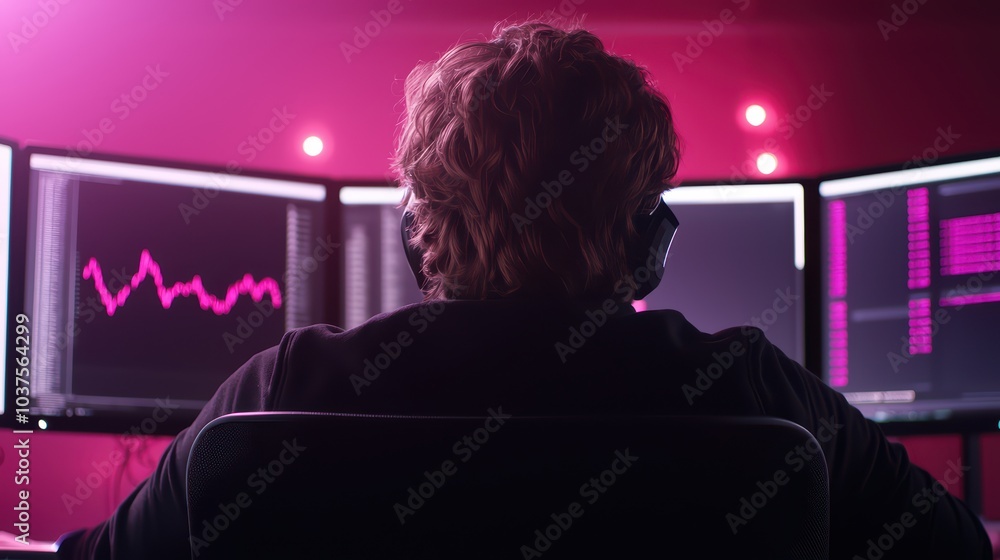 Poster person using multiple monitors with data analysis, neon lighting environment, focused on work.
