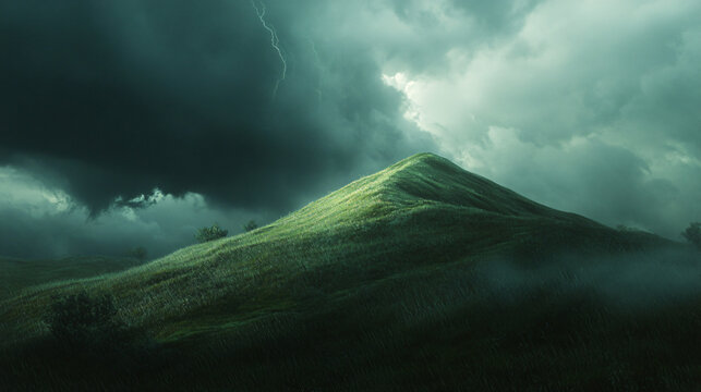 A hill during a thunderstorm, with dark clouds rolling in, creating a dramatic atmosphere.