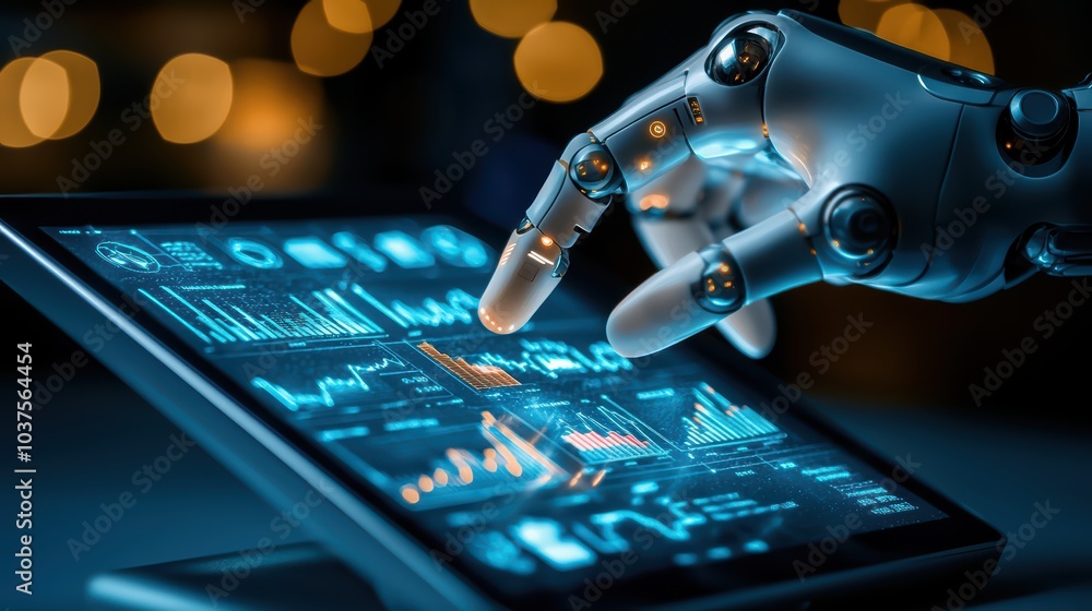 Poster robot hand interacting with a digital tablet displaying data analytics and flow charts.