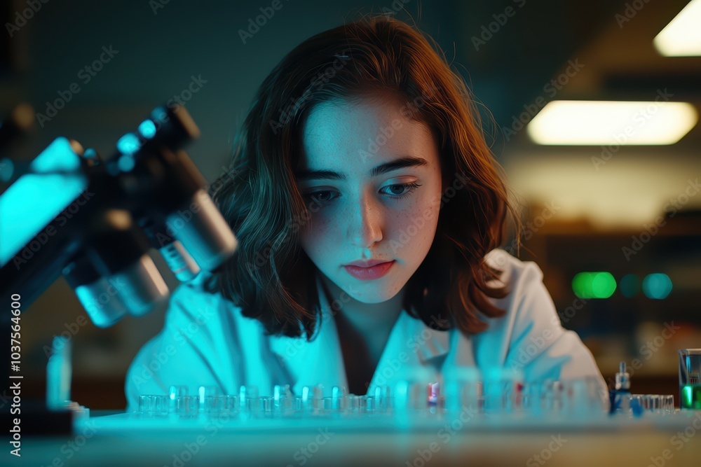 Aufkleber scientist examining samples under microscope in a laboratory setting with modern equipment.