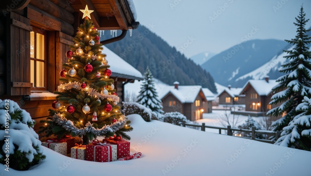 Wall mural a snowy christmas village scene complete with festively adorned tree candy canes and piles of presen