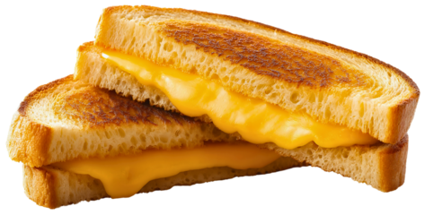 Cheese grilled on bread, isolated sandwich with crispy toast, delicious sliced snack, classic food meal for breakfast or lunch, transparent background showcases melted cheddar