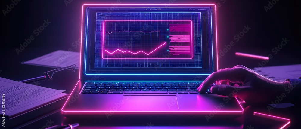 Poster stylish laptop displaying data analysis with vibrant neon graphics in a dark workspace.