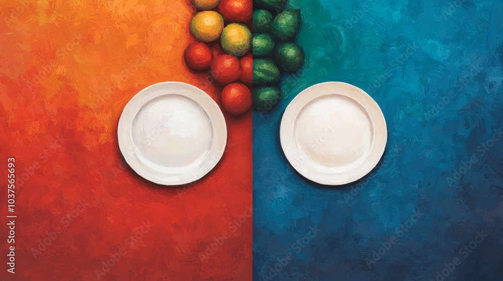 Poster two empty plates on a red and blue table.