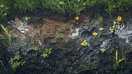 Blooming Wildflowers on a Muddy Path