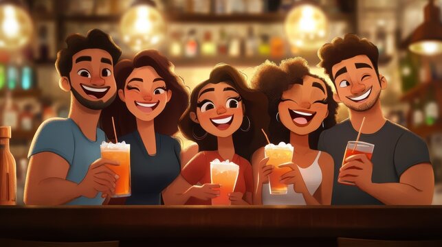 A group of five animated friends clinking glasses filled with drinks at a bar, surrounded by a joyous ambiance under warm lights, capturing fun and excitement.