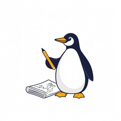 Fototapeta premium A penguin writing notes with a pencil while standing next to a paper stack in a simple cartoon style
