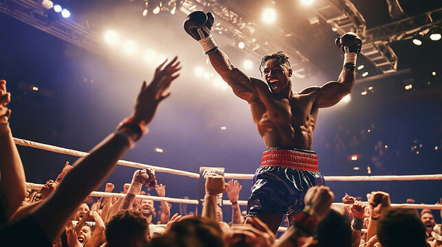 Portrait of black boxer celebrating in the ring after winning