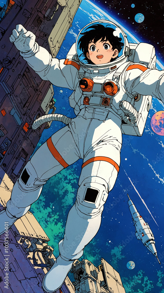 Poster anime character in retro-futuristic spacesuit floating in zero gravity with earth in background