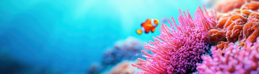 Vibrant underwater scene featuring colorful coral reefs and a clownfish swimming in clear blue water.