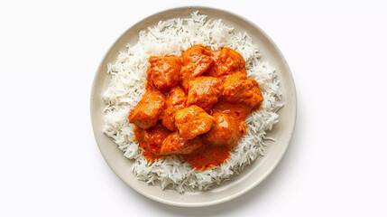 Top view of murgh makhani with rice in plate isolated on white background
