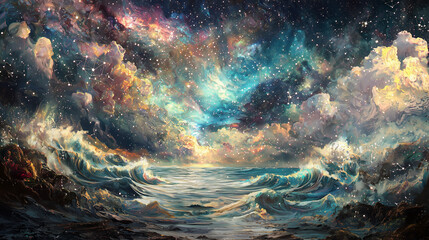 Obraz premium Cosmic Ocean: A Dreamy Landscape of Stars and Waves