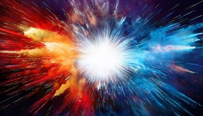 Chromatic Explosion: A central point of bright white light surrounded by splashes of deep reds, blues, and yellows. 