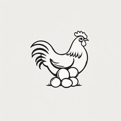 Fototapeta premium A black and white illustration of a hen standing beside a cluster of eggs on a plain background showcasing farm life