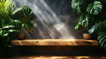 Empty wooden table on dark gray wall texture background. A composition with a monstera leaves a shadow on the wall and glare of light. Mockup for presentation, product branding	