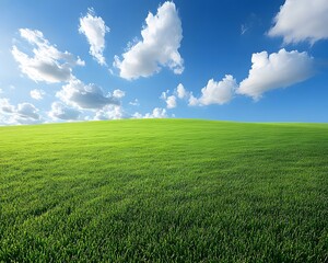 Obraz premium A vast green grassland under the blue sky, with clouds scattered in the distance and no trees on it. The background is clean and bright, presenting an endless expanse of emerald-green fields
