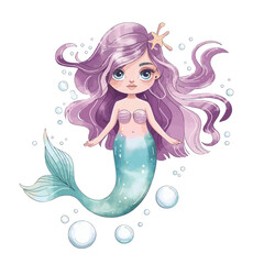 A whimsical illustration of a mermaid with long, wavy hair that transitions from a deep purple to a soft pink hue