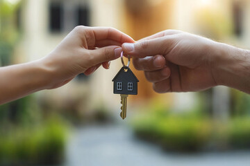 
hand passing keys to a new house to another hand with a house keychain, real estate concept