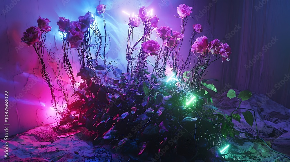 Poster exploring the enigmatic lost city of vines and wires a journey through illuminated flora and futuris