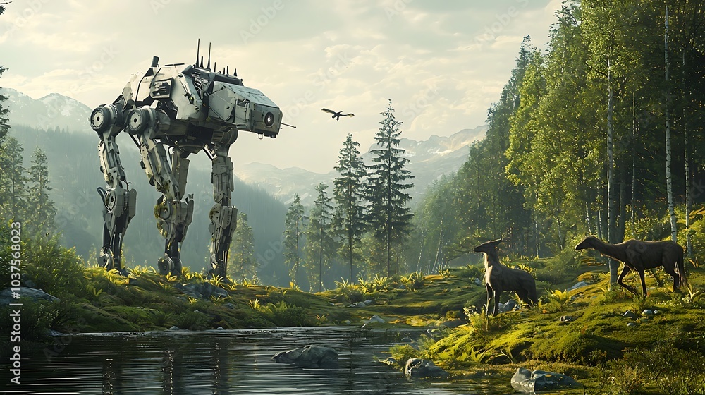 Poster harmony in nature a futuristic encounter between robotic creatures and wild animals in an enchanted 