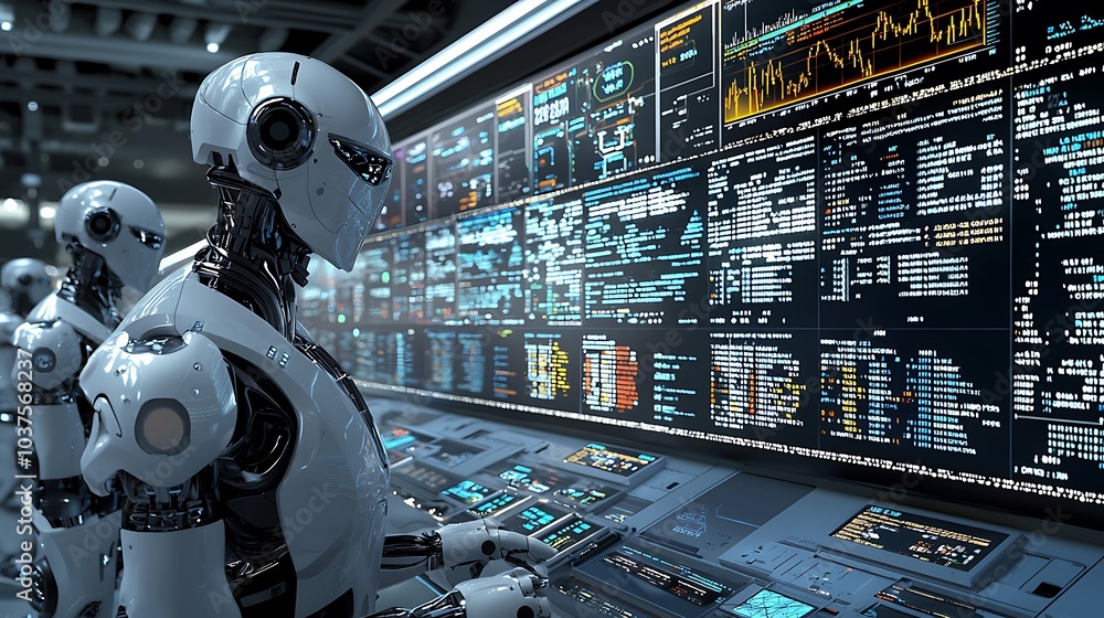 Fototapete Exploring a high-tech trading environment robots and holographic displays revolutionizing the future of finance